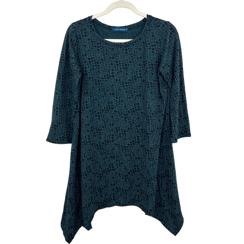Cut Loose Lagenlook Blue Black Print Asymmetric Hem Tunic Top 3/4 Sleeve Small